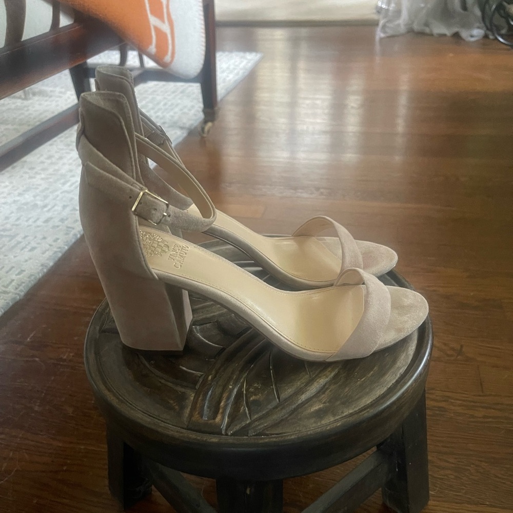 Beige suede ankle strap sandals